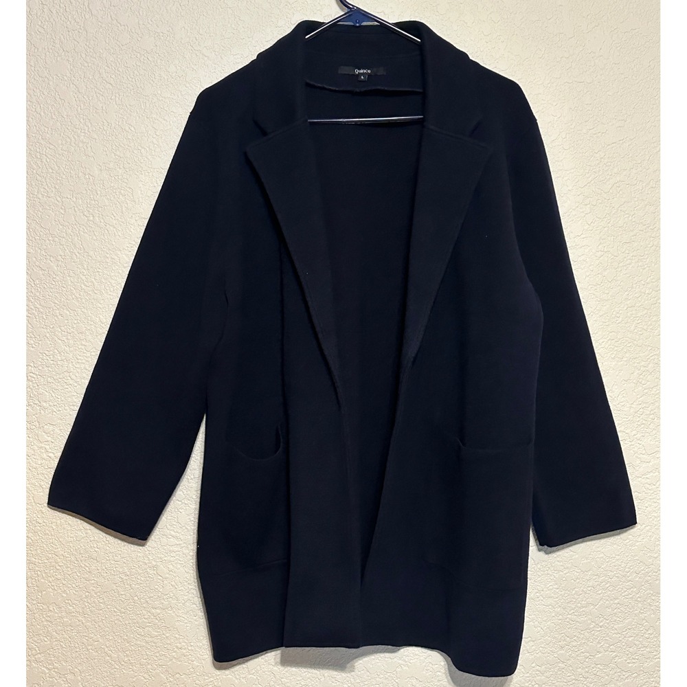 Quince Womens Organic Cotton Knit Blazer Navy Blue Open Front Cardigan Large